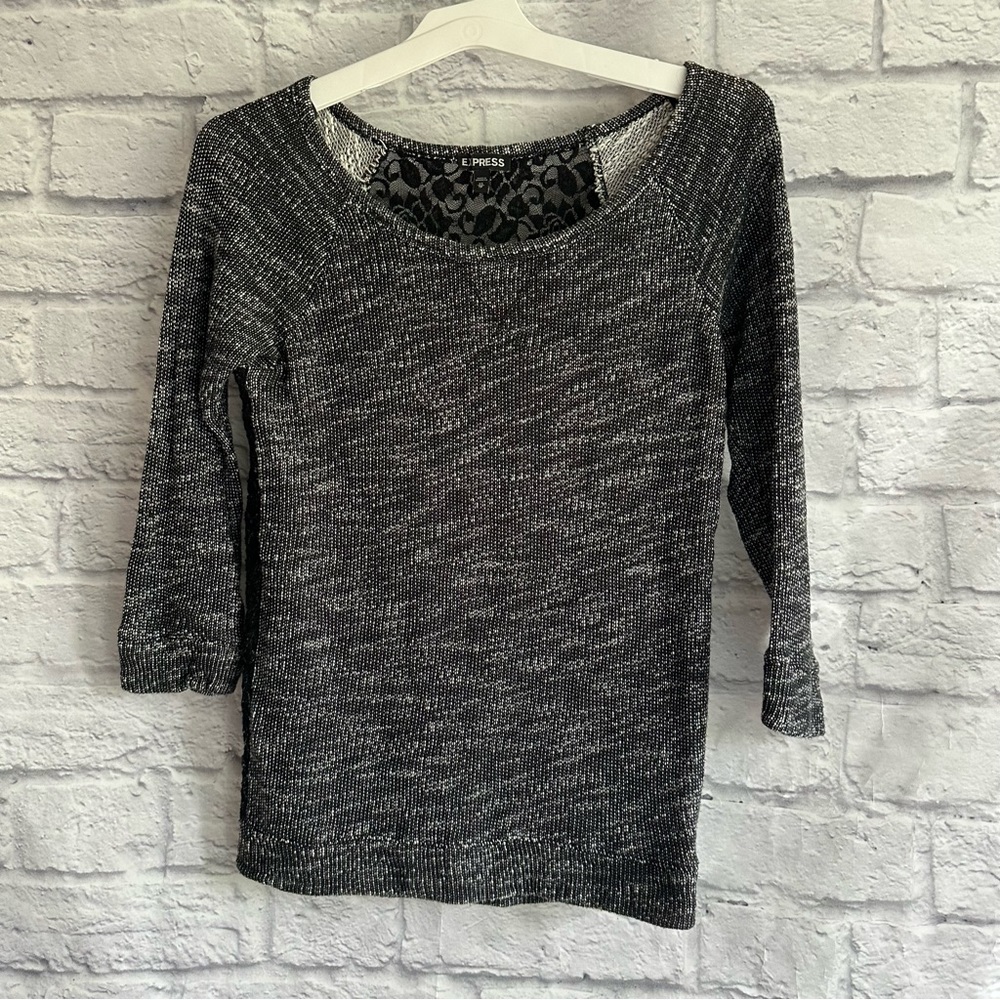 PREOWNED EXPESS WOMENS GREY BLACK LACE BACK SWEATER WOMENS XS